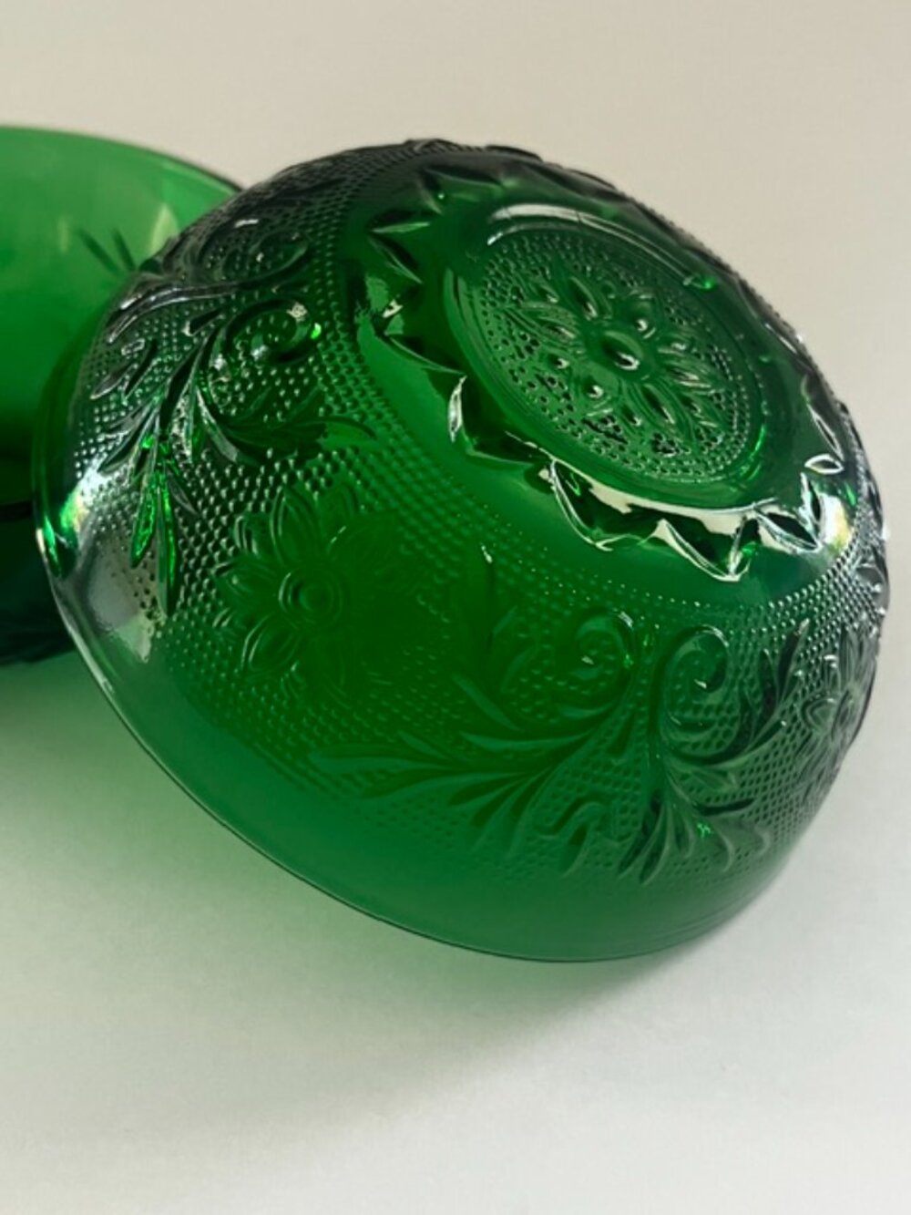 Emerald Green Pressed Glass Bowls Floral Textured - Set of 2 - Picture 2 of 7